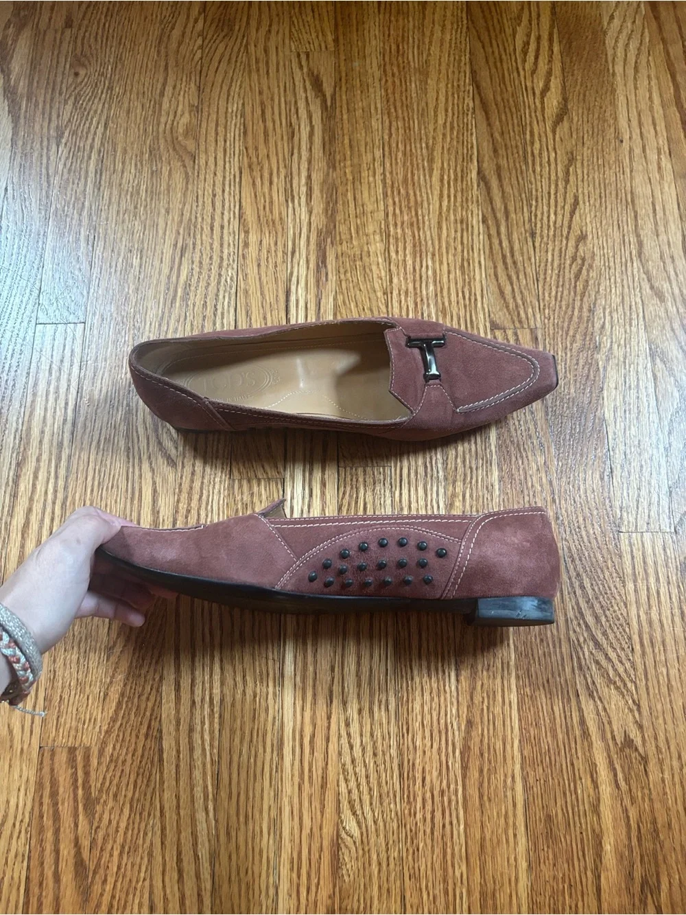 Tod’s Salmon Suede Pointed Toe Loafers with Metal Bit